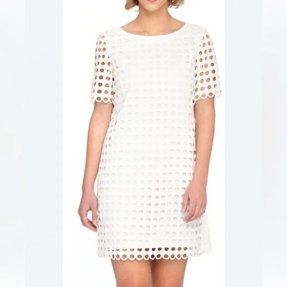 Tahari Circle Eyelet White Lace Shift Dress - Picture 2 of 15